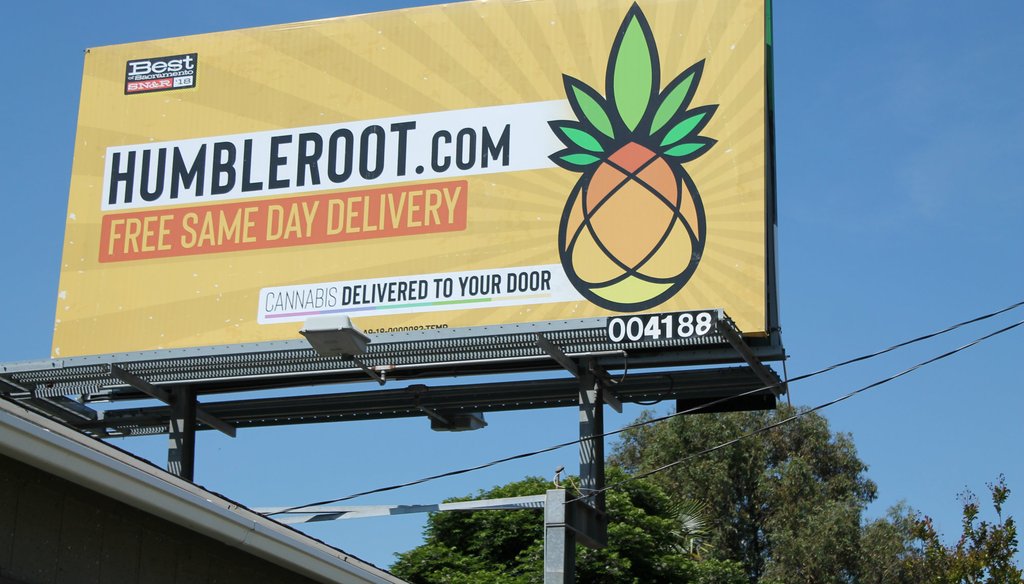 Colorful billboards advertising recreational pot, including this one in Sacramento, are popping up across California. Photo by Sami Soto / Capital Public Radio