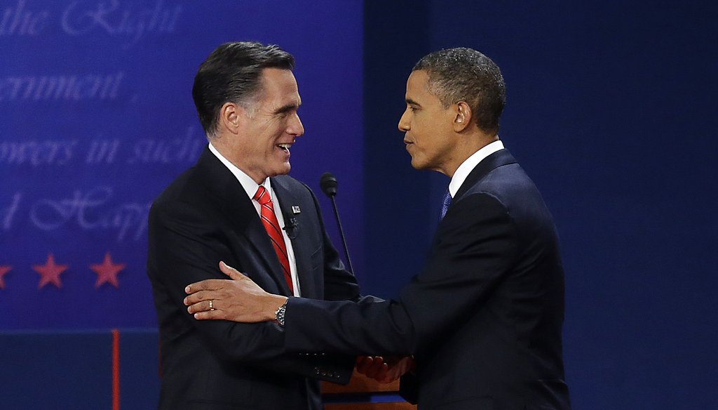 President Barack Obama and Republican presidential nominee Mitt Romney shake hands after their first debate in Denver.