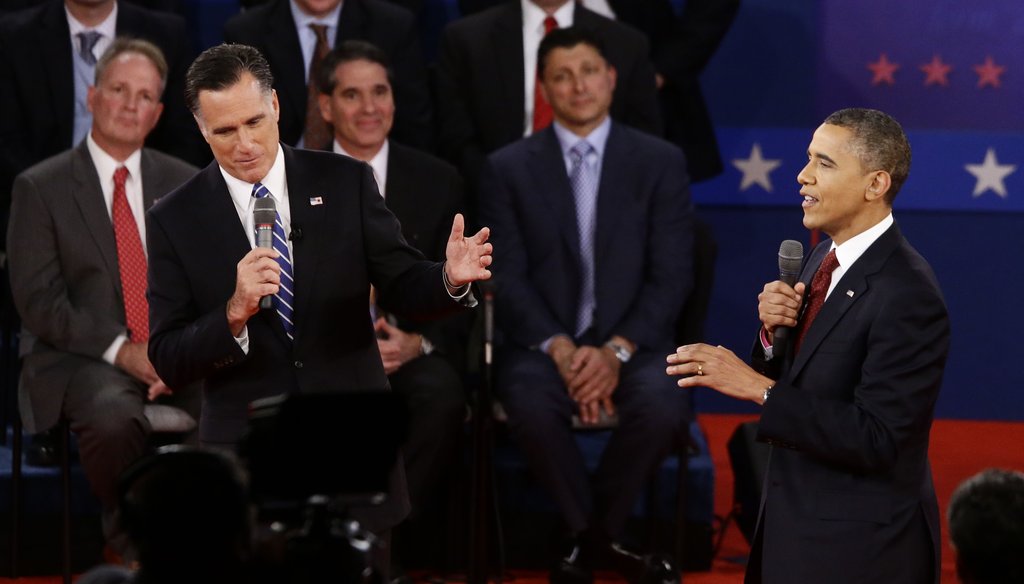 Republican presidential nominee Mitt Romney (left) and President Barack Obama (right) mix it up during the Oct. 16, 2012, debate in New York.