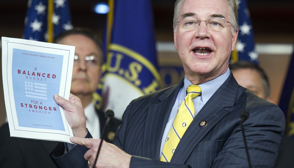 House Budget Committee Chairman Rep. Tom Price, R-Roswell, holds up his 2016 budget blueprint. File photo by the Associated Press