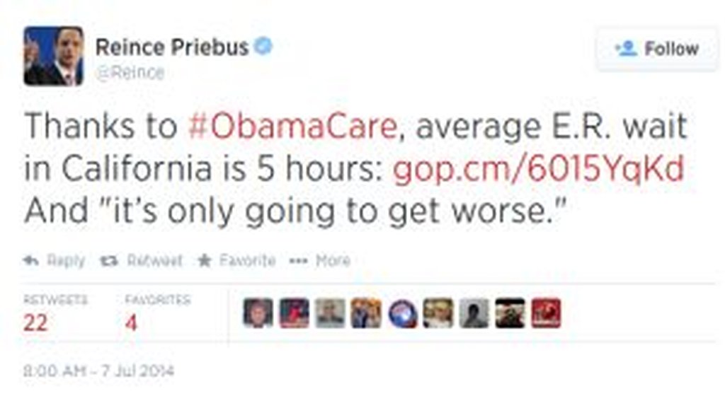 Republican National Committee chairman Reince Priebus tweeted this claim about emergency room waits in California. Is it correct?