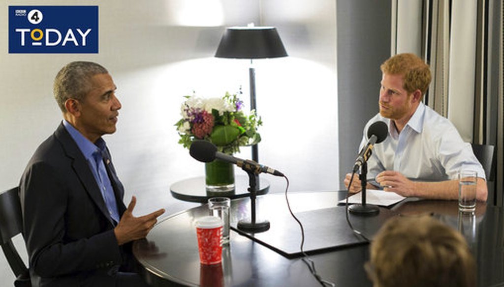 In this BBC handout photo former President Barack Obama is interviewed by Britain's Prince Harry for the BBC Radio 4 Today program that he guest edited. The program broadcast Dec. 27, 2017. (BBC Radio 4 Today/PA via AP)