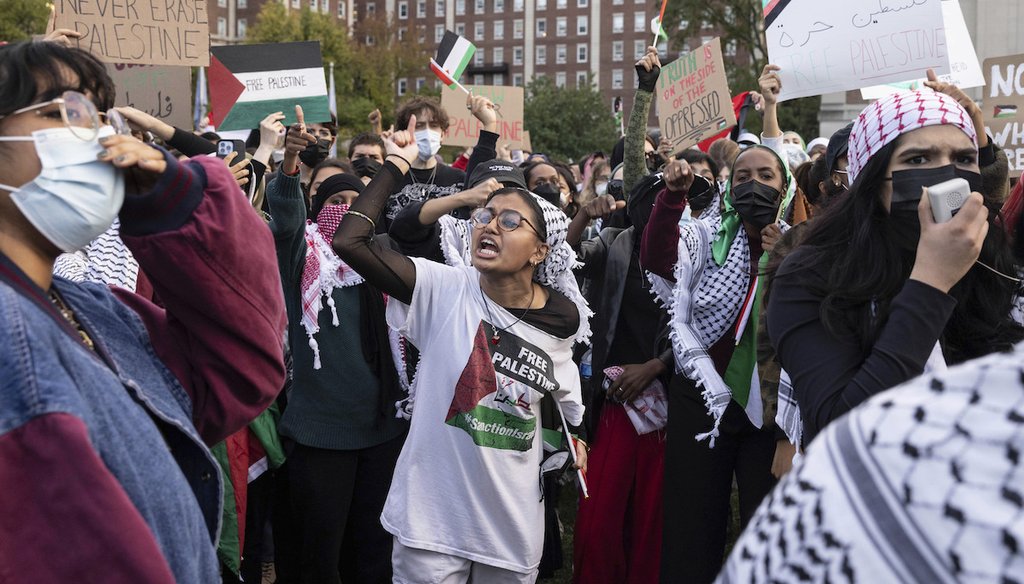 Palestinian supporters gather for a protest at Columbia University on Oct. 12, 2023, in New York. (AP)