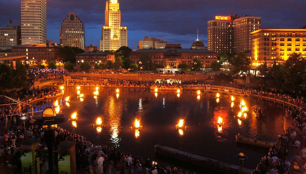 Providence, R.I. at night during a WaterFire celebration in 2014. The Providence Journal/Sandor Bodo