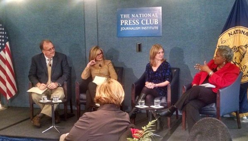 Poynter's Al Tompkins discusses PunditFact's first year with Kathleen Parker, Jackie Kucinich and Donna Brazile at the National Press Club on Feb. 10, 2015. (Photo/Louis Jacobson)
