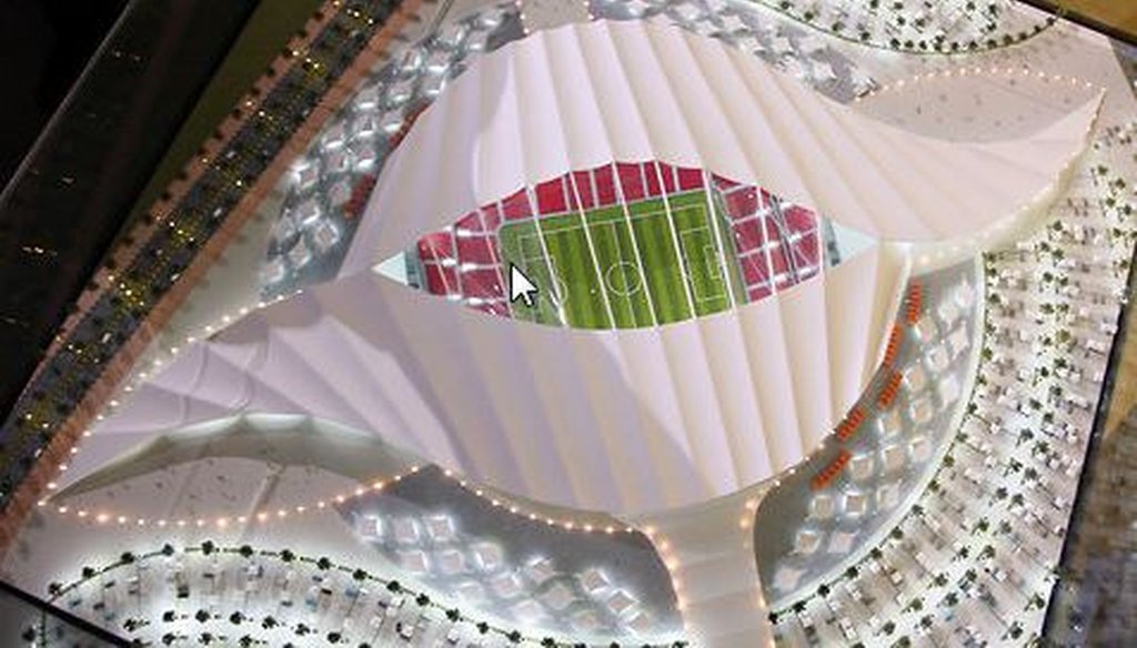 A model of the Al-Khor Stadium in Doha, Qatar, which will be used for games during the 2022 World Cup. The stadium is nicknamed "the seashell."