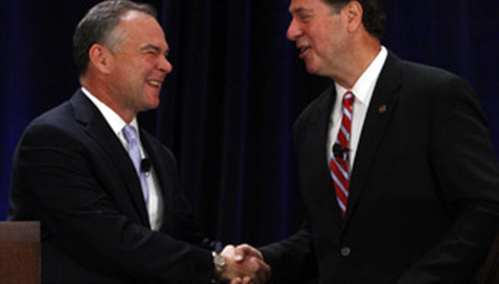 Democrat Tim Kaine (left) and Republican George Allen (right) shake hands after their U.S. Senate debate on July 21.