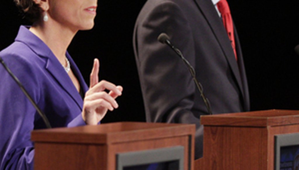 Democrats Gina Raimondo and Angel Taveras at the Aug. 26, 2014, Providence Journal-WPRI-TV debate. Credit: The Providence Journal / Kris Craig