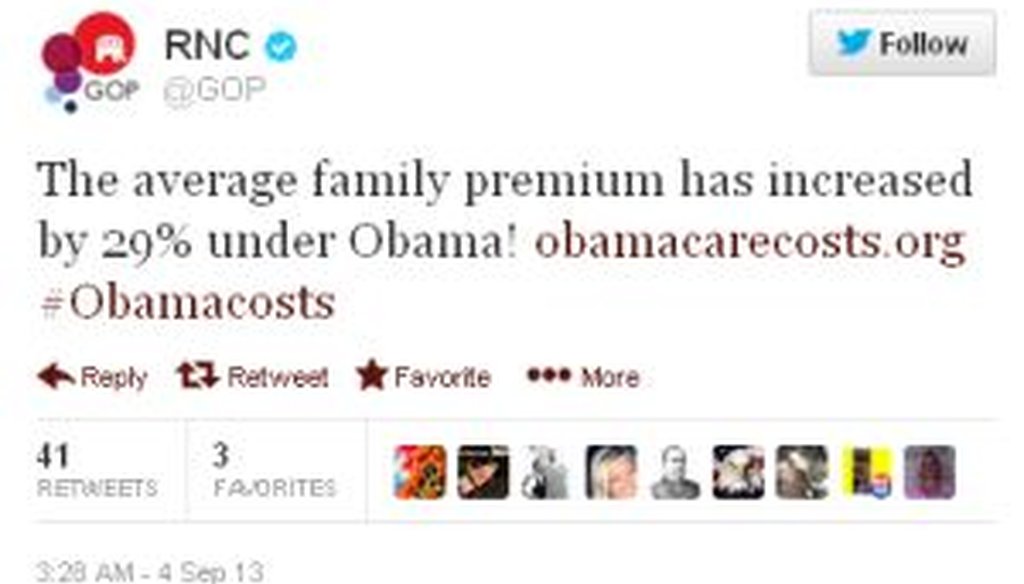 The Republican National Committee tweeted that health insurance premiums have risen by 29 percent under President Barack Obama. Is that correct?