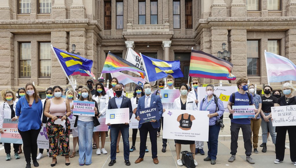 LGBTQ advocates including health care professionals, parents of transgender children and representatives from several organizations rally at the Texas State Capitol May 4, 2021, opposing legislation that would criminalize gender-affirming care. (AP/HRC)
