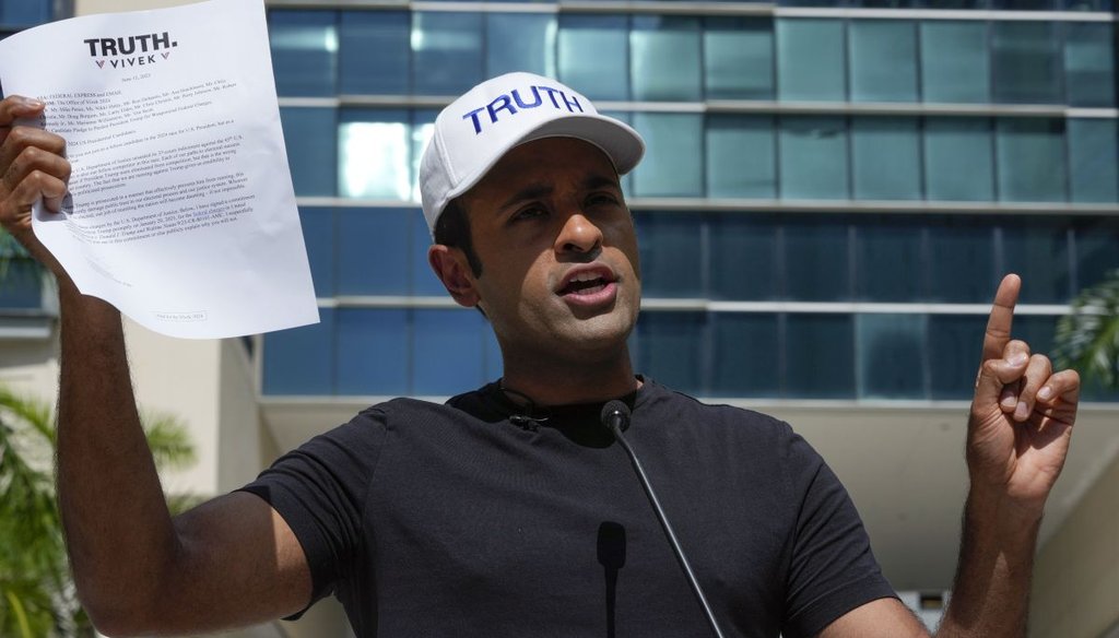 Republican presidential candidate Vivek Ramaswamy speaks in Miami on June 13, 2023, before former President Donald Trump made a federal court appearance. (AP)