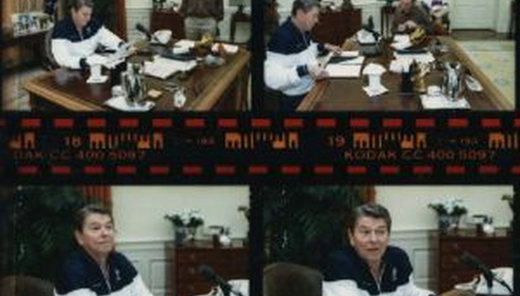 Ronald Reagan, shown in casual wear while preparing to give his Saturday radio address, in excerpts from a contact sheet made by an official White House photographer on March 19, 1988.