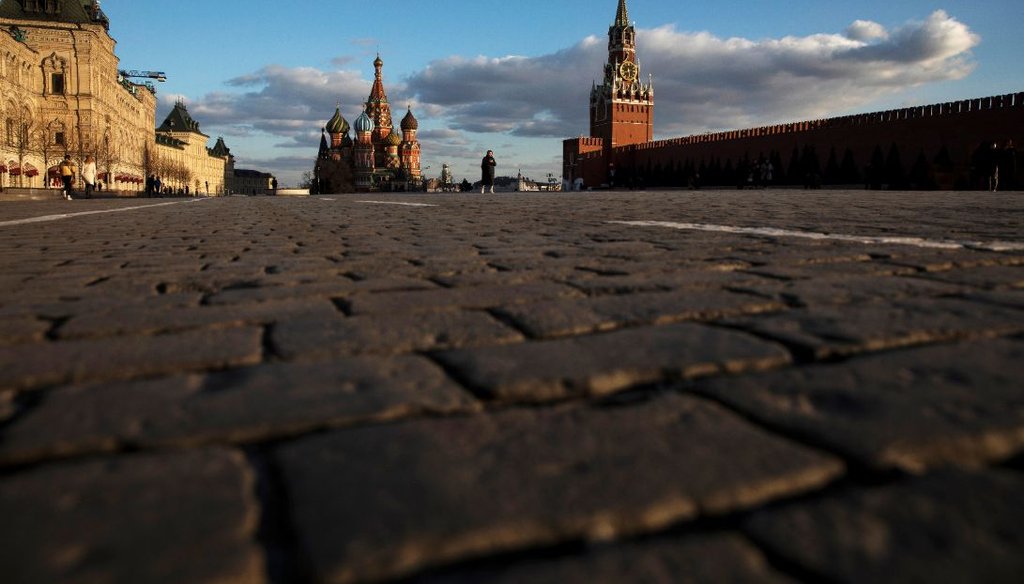 A view of a nearly empty Red Square in Moscow on March 23, 2020. It's an unusual sight and is due to restrictions on movement due to the coronavirus. (AP)