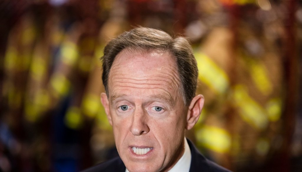Sen. Pat Toomey, R-Pa., speaks speaks with members of the media at the Monroe Energy Trainer Refinery in Trainer, Pa., Monday, July 29, 2019. (AP Photo/Matt Rourke)
