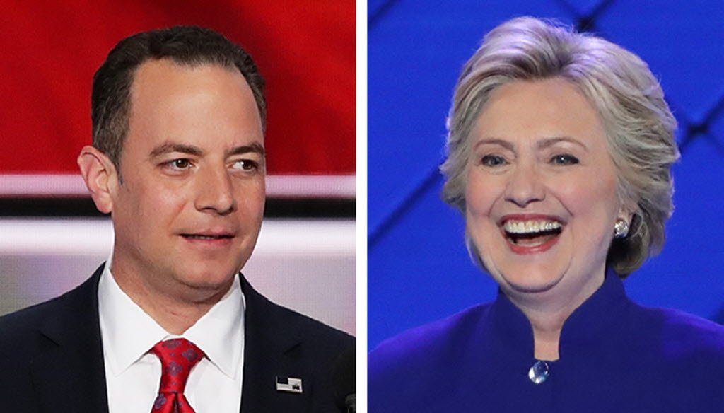 Republican National Committee chairman Reince Priebus, a Wisconsinite, made claims attacking Hillary Clinton during the 2016 Republican National Convention.
