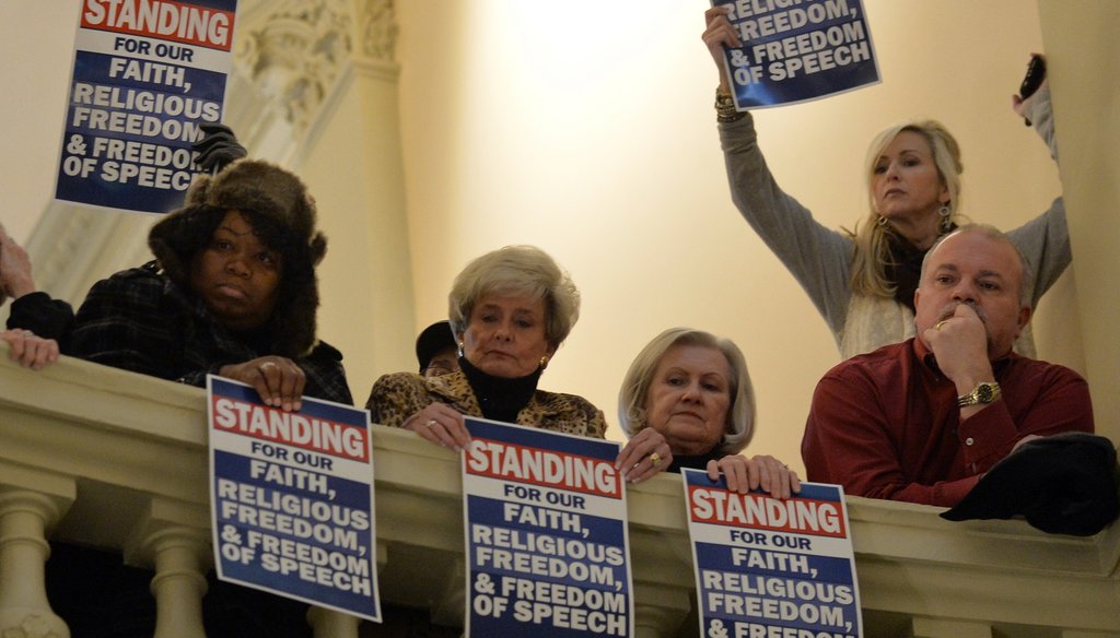 Supporters of a religious freedom bill rally at the Capitol in 2015. The Legislature could soon have its first openly gay man debating that issue and others. AJC Photo by Brant Sanderlin/BSanderlin@ajc.com
