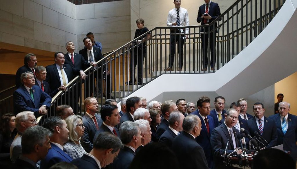 House Republicans gather for a news conference after Deputy Assistant Secretary of Defense Laura Cooper arrived for a closed-door meeting to testify as part of the House impeachment inquiry into President Donald Trump on Oct. 23, 2019. (AP)