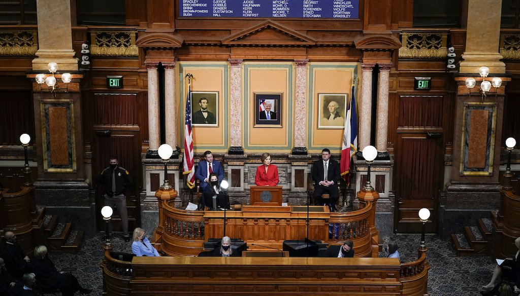 Iowa Gov. Kim Reynolds delivers her Condition of the State address before a joint session of the Iowa Legislature, on Jan. 12, 2021. (AP)