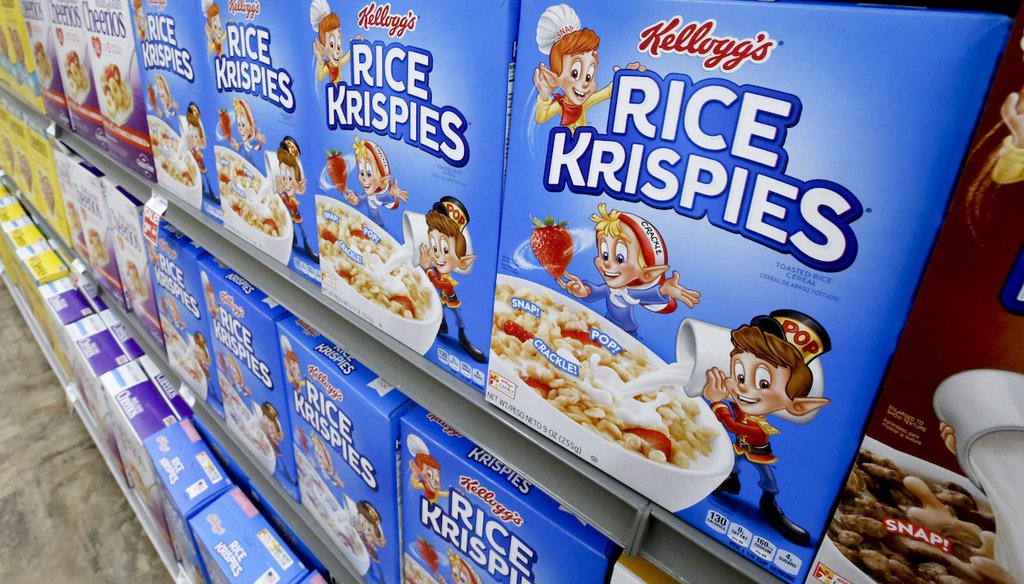 Boxes of Kellogg's Rice Krispies cereal sit on display in a market in Pittsburgh, Wednesday, Aug. 8, 2018. (AP)