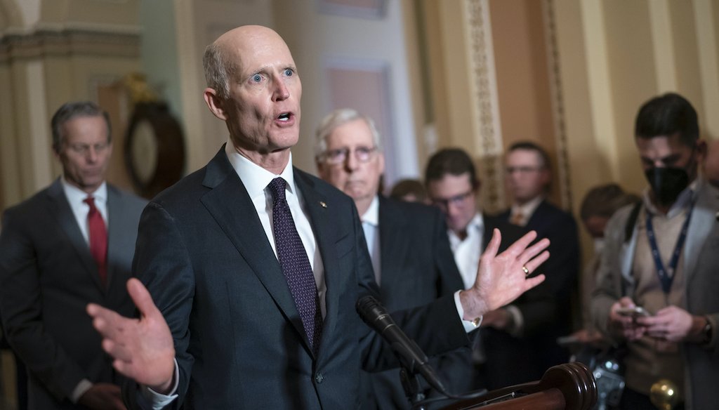 Sen. Rick Scott, R-Fla., speaks to reporters after a Republican strategy meeting at the U.S. Capitol on March 8, 2022. (AP)