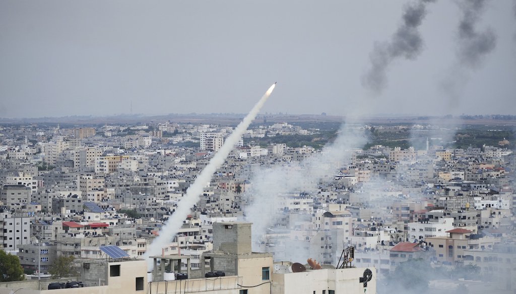 Rockets are launched by Palestinian militants from the Gaza Strip toward Israel, Oct. 7, 2023. (AP)