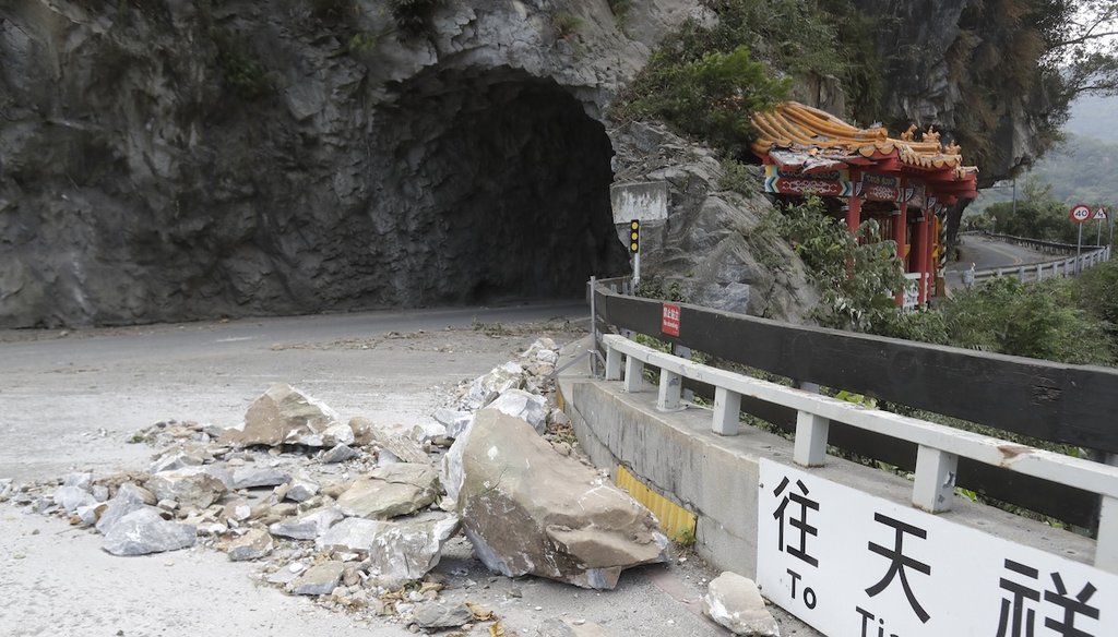 Rocks are on the road at the entrance of Taroko National Park in Hualien County, eastern Taiwan, Thursday, April 4, 2024. The strongest earthquake in a quarter-century has rocked Taiwan during the morning rush hour. (AP)