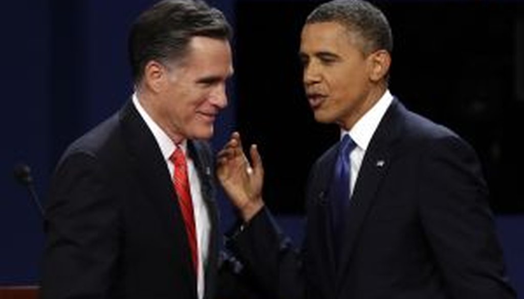 Mitt Romney and Barack Obama meet at the first presidential debate on Oct. 3 in Denver. 