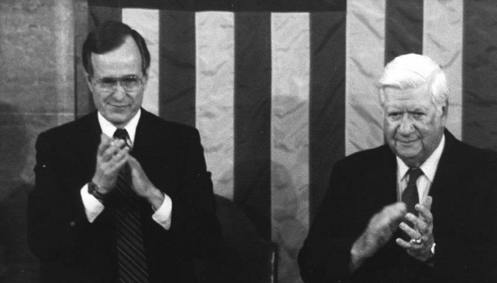 President Ronald Reagan is shown with Vice President George Bush (upper left) and House Speaker Thomas "Tip" O'Neill. In 1983, Reagan and O'Neill negotiated significant changes to Social Security, one of the government's "mandatory" spending programs.