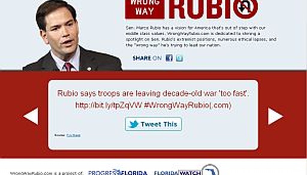 The website WrongWayRubio.com asks people to re-tweet political attacks against Sen. Marco Rubio.