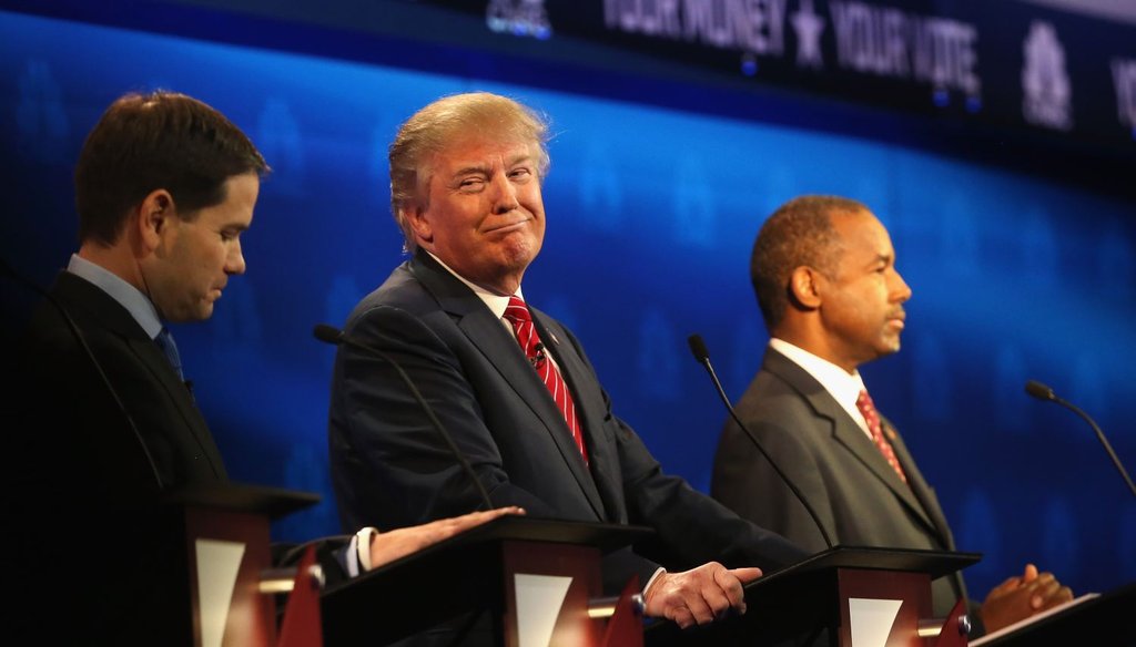 Presidential candidates Marco Rubio, Donald Trump and Ben Carson took the stage at the CNBC Republican Presidential Debate on Oct. 28, 2015, in Boulder, Colo. (Getty Images)