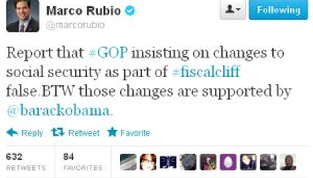 Marco Rubio tweeted on the fiscal cliff negotiations on Dec. 30, 2012.