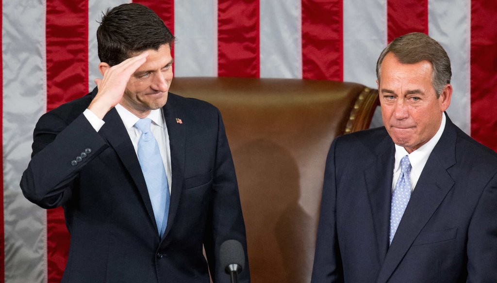 The changing of the guard as Paul Ryan, R-Wis., takes over as Speaker of the House and John Boehner, R-Ohio, steps down. (AP)