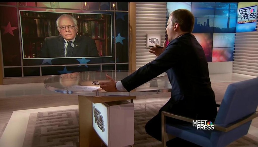 Sen. Bernie Sanders discussing his comments about Hillary Clinton's presidential qualifications on NBC's "Meet the Press" with host Chuck Todd on April 10, 2016. (NBC photo)