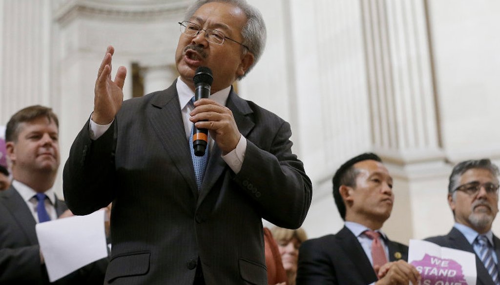 San Francisco Mayor Ed Lee speaks during a meeting at City Hall in San Francisco by city leaders and community activists to reaffirm the city's commitment to being a sanctuary city. Nov. 14, 2016. AP Photo/Jeff Chiu