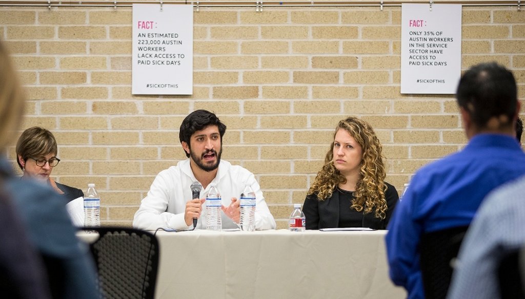 Austin City Council Member Greg Casar speaks at a forum about a city ordinance to require paid sick leave in January 2018. (Nick Wagner/Austin American-Statesman)