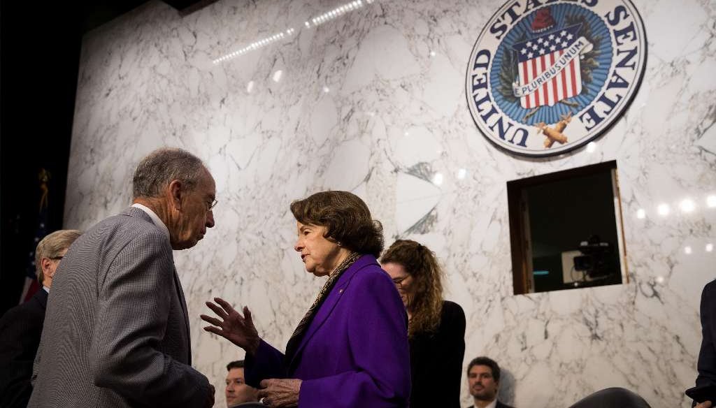 Senate Judiciary Committee chairman Sen. Chuck Grassley, R-Iowa, speaks with Sen. Dianne Feinstein, D-Calif., before an Oversight of the Foreign Agents Registration Act and Attempts to Influence U.S. Elections hearing on July 27, 2017. (Getty Images)