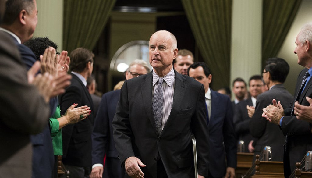 Gov. Jerry Brown arrives for the State of the State in the Assembly Chamber at the State Capitol on Thursday January 21, 2016 in Sacramento, Calif. Photo by: Paul Kitagaki Jr., Pool, Sacramento Bee