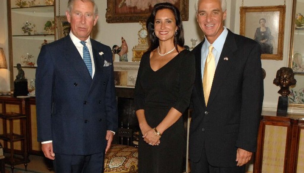 Gov. Charlie Crist's trip to Europe in 2008 included a meeting with Prince Charles. Also pictured is Crist's then-fiancee Carole Rome.