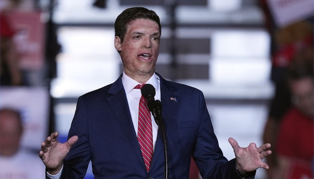 Republican Nevada Senate candidate Sam Brown speaks before Republican presidential nominee former President Donald Trump speaks at a campaign rally at Lee's Family Forum, Thursday, Oct. 31, 2024, in Henderson, Nev. (AP)