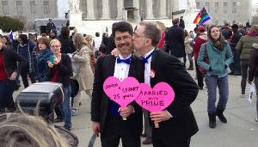 The Supreme Court is about to rule on same-sex marriage. John Lewis, 54, kissed his partner Stuart Gaffney, 50, outside the court in March when oral arguments were heard.