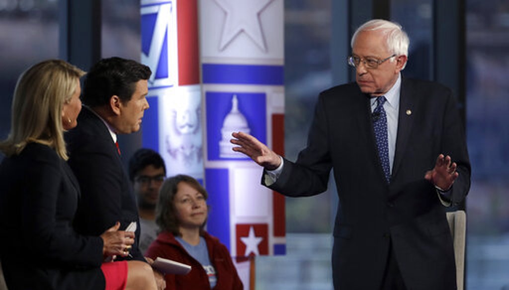 Sen. Bernie Sanders speaks during a Fox News town-hall style event Monday April 15, 2019 in Bethlehem, Pa. (AP Photo/Matt Rourke)