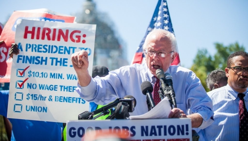 Democratic presidential candidate Bernie Sanders discusses the minimum wage during a rally on Capitol Hill in Washington, on July 22, 2015. (Zach Gibson/New York Times)