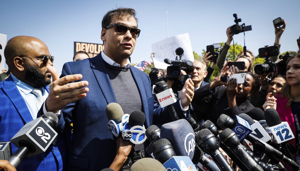 Rep. George Santos, R-N.Y., speaks to the media outside the federal courthouse in Central Islip, N.Y., on May 10, 2023. He pleaded not guilty to all charges against him. (AP)