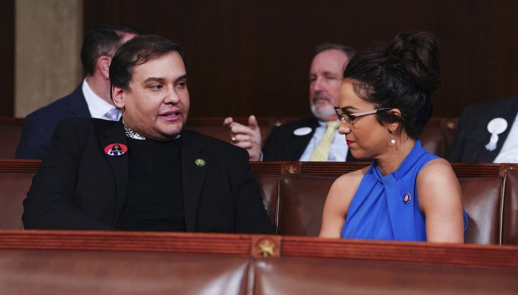 Expelled Rep. George Santos, R-N.Y., left, talks to Rep. Lauren Boebert, R-Colo., as they await the arrival of President Joe Biden to deliver the State of the Union address at the Capitol on March 7, 2024. (AP)