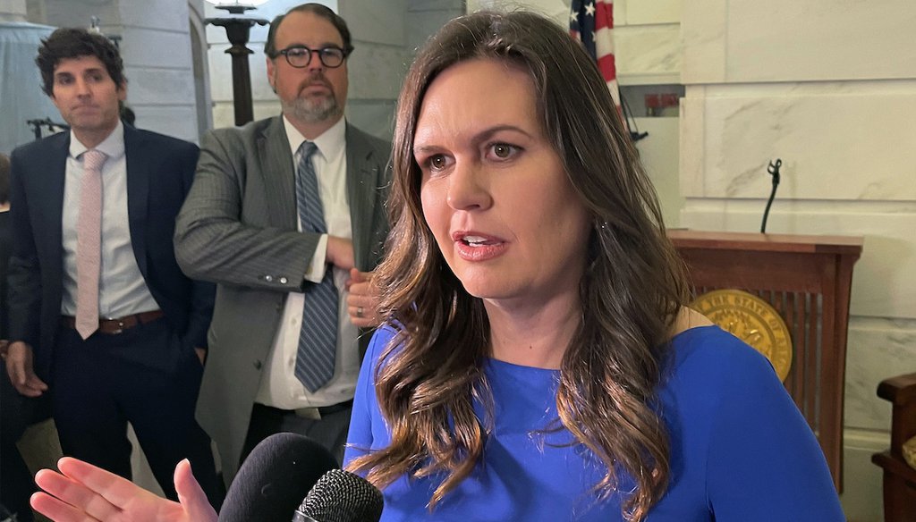 Arkansas Republican Gubernatorial candidate Sarah Sanders talks to reporters in Little Rock, Ark. on Feb. 22, 2022 after filing paperwork to run for governor. (AP)