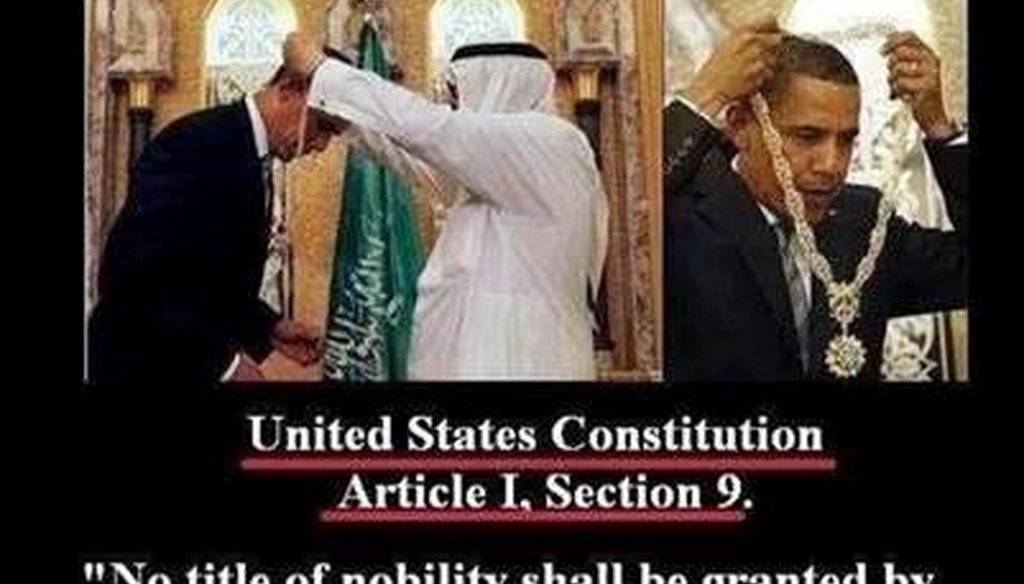 A reader sent us a Facebook meme claiming that President Barack Obama unconstitutionally accepted an order and medal from the Saudi government. Is that correct?