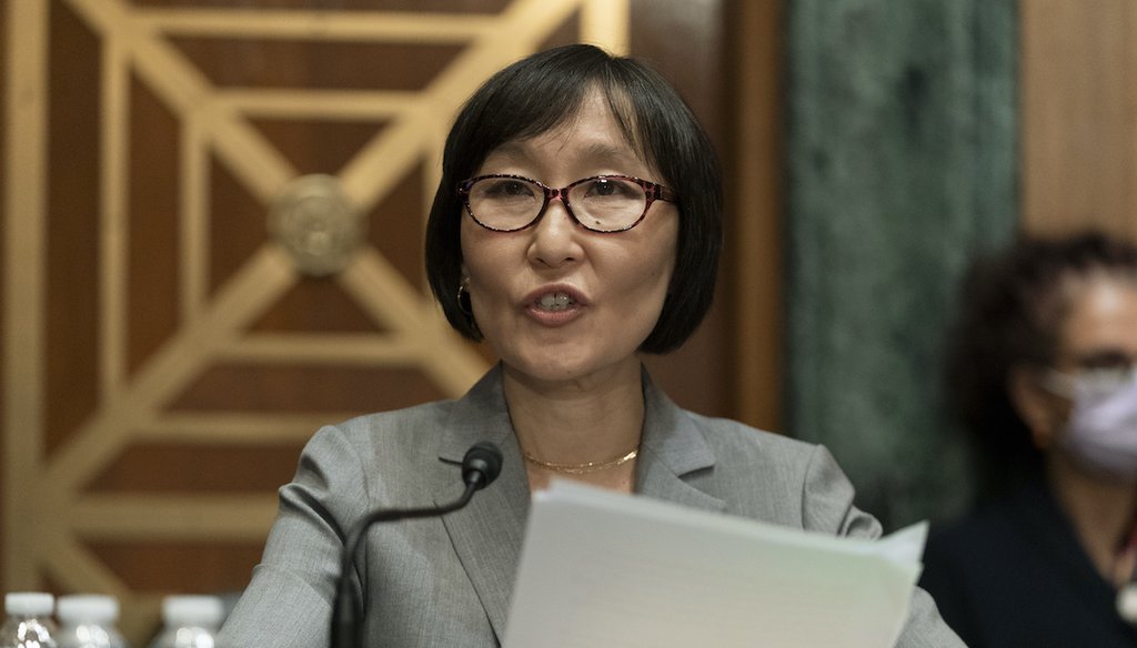 Saule Omarova of New York testifies before a Senate Banking, Housing, and Urban Affairs hearing on Capitol Hill in Washington to examine her nomination to be the Comptroller of the Currency, Thursday, Nov. 18, 2021. (AP)