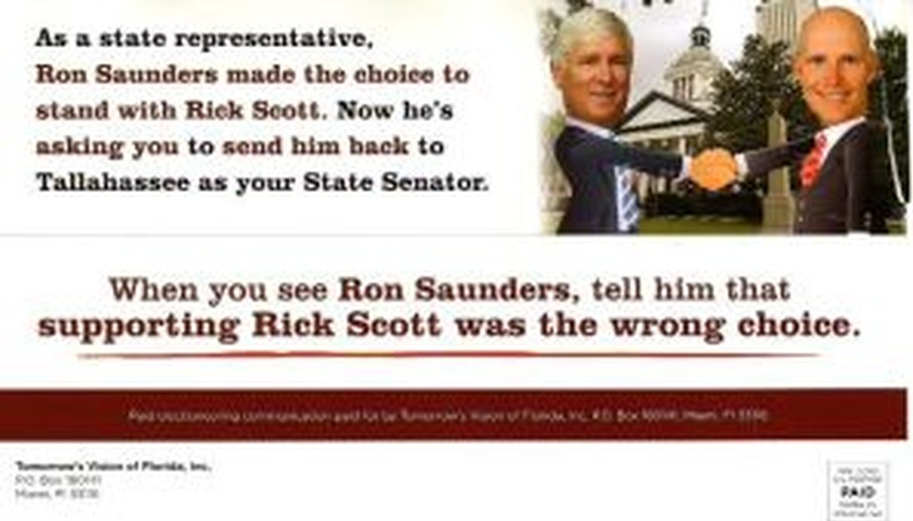 A campaign flyer attacking Rep. Ron Saunders, front.