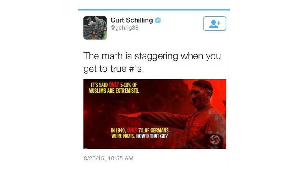 ESPN commentator and former baseball pitcher Curt Schilling posted this tweet (screenshot)
