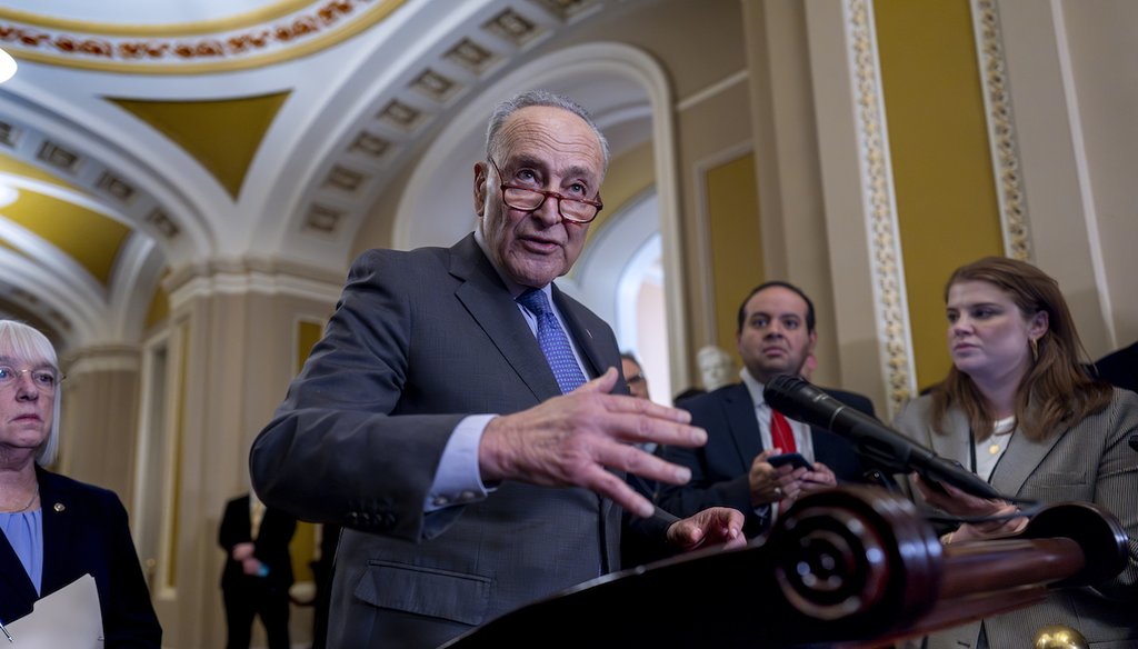 Senate Majority Leader Chuck Schumer, D-N.Y., discusses efforts to pass the final set of spending bills to avoid a partial government shutdown, at the Capitol in Washington, Wednesday, March 20, 2024. (AP)
